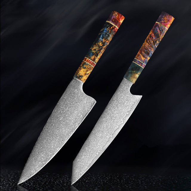 Couteau de cuisine japonais SAKUTO (久拓) en acier damassé avec manche octogonal coloré