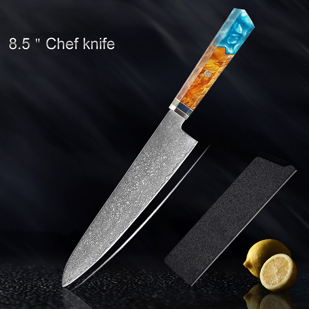 Couteau japonais Seiki (清木) en acier damas avec manche en résine bleue