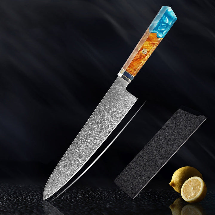 Couteau japonais Seiki (清木) en acier damas avec manche en résine bleue