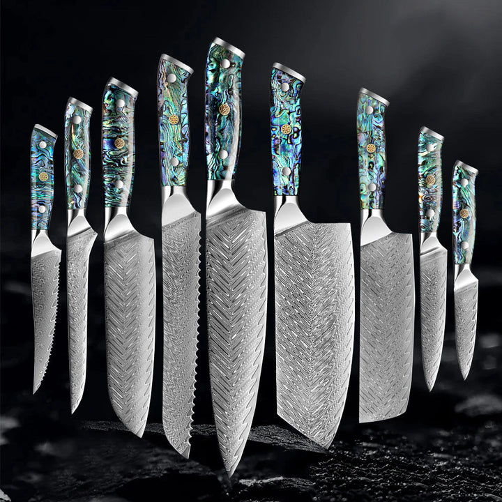 Couteau Okugai (おくがい) en acier de Damas avec manche en nacre d&