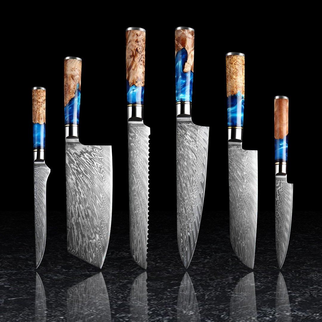 SAKUTO (作東) Ensemble de couteaux de cuisine japonais en acier damassé avec manche en résine