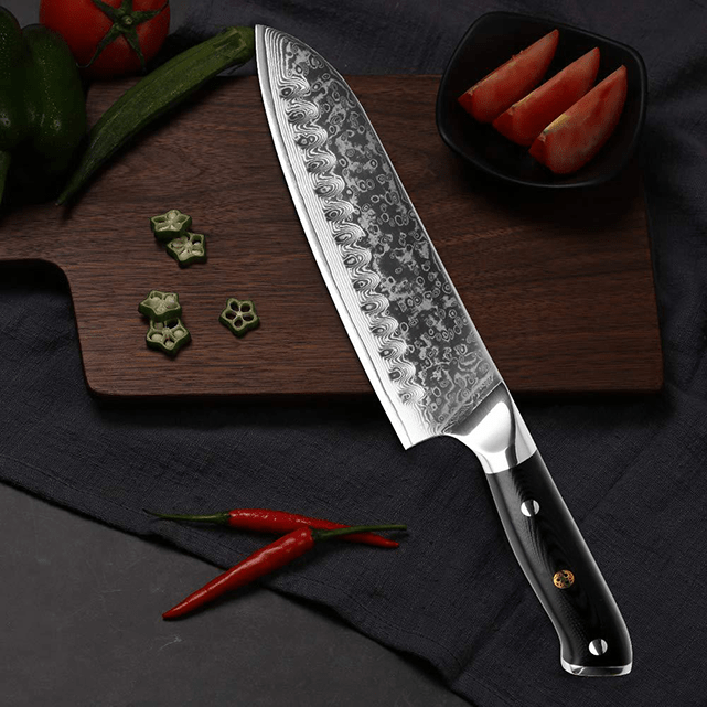 Akarui (あかるい) Couteau de chef japonais Santoku avec manche en ébène
