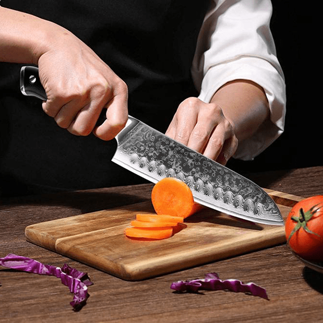 Akarui (あかるい) Couteau de chef japonais Santoku avec manche en ébène