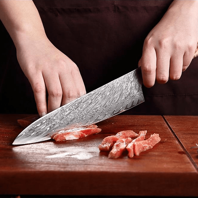 Couteau japonais Gyuto en acier Damas avec manche bleu