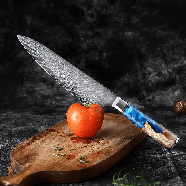 Couteau japonais Gyuto en acier Damas avec manche bleu