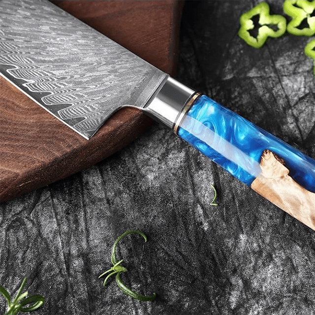 Couteau japonais Gyuto en acier Damas avec manche bleu