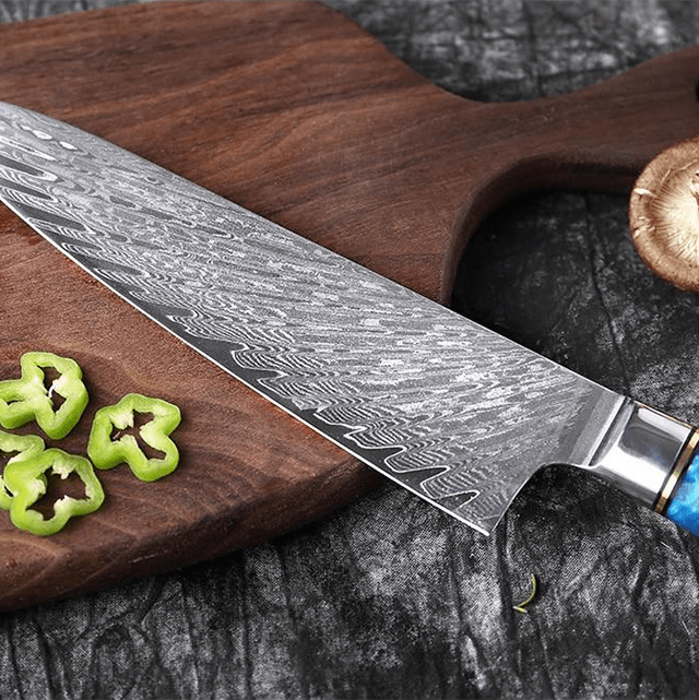 Couteau japonais Gyuto en acier Damas avec manche bleu