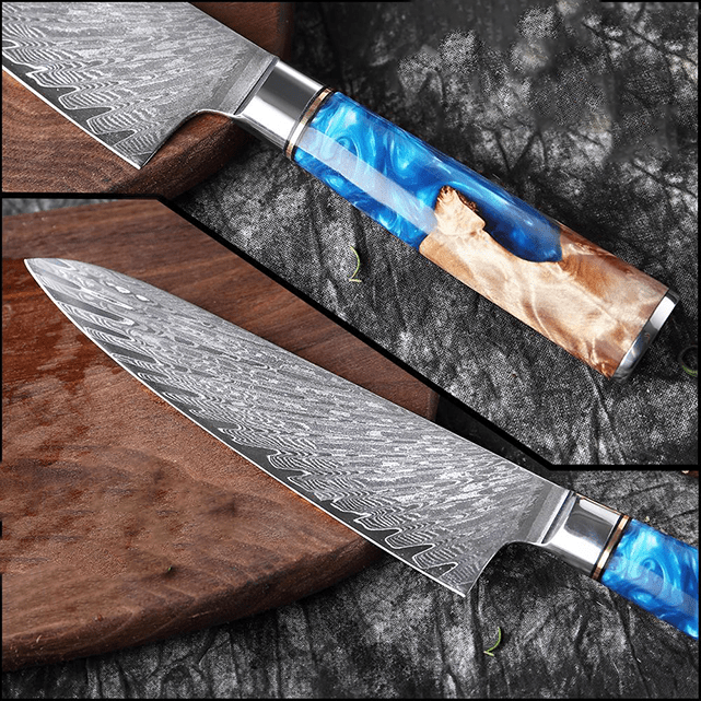 Couteau japonais Gyuto en acier Damas avec manche bleu