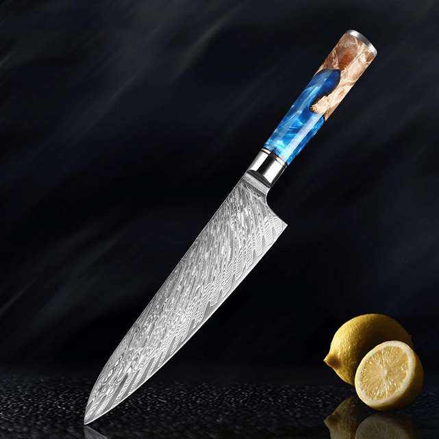 Couteau japonais Gyuto en acier Damas avec manche bleu
