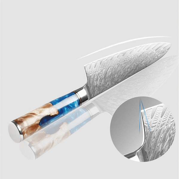 Couteau japonais Gyuto en acier Damas avec manche bleu