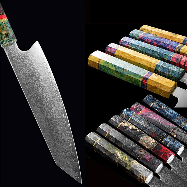 Kiritsuke (きり付け) Couteau japonais, acier Damas avec manche en ébène coloré
