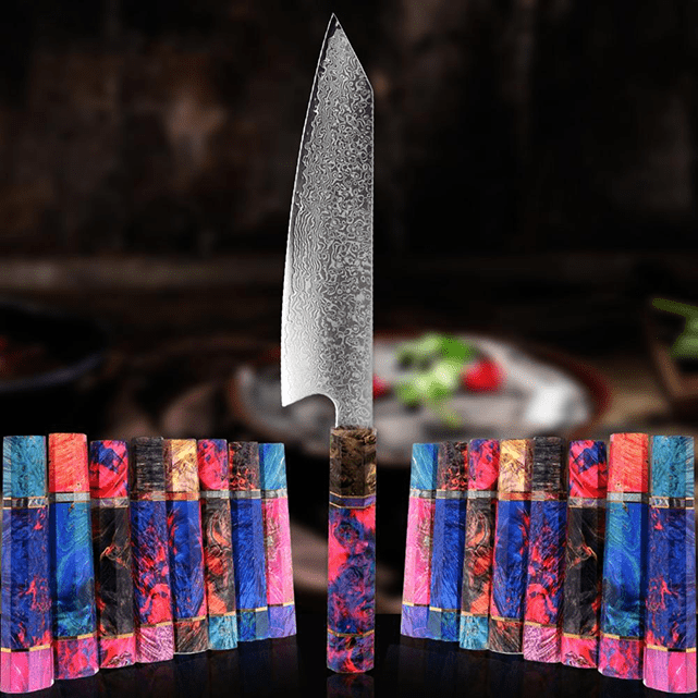 Kiritsuke (きり付け) Couteau japonais, acier Damas avec manche en ébène coloré