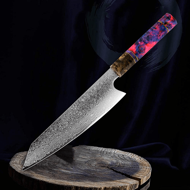 Kiritsuke (きり付け) Couteau japonais, acier Damas avec manche en ébène coloré