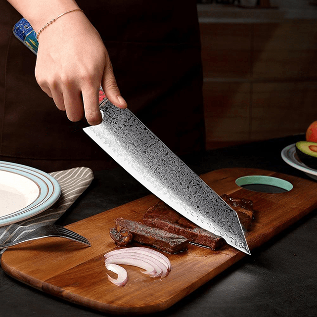 Kiritsuke (きり付け) Couteau japonais, acier Damas avec manche en ébène coloré
