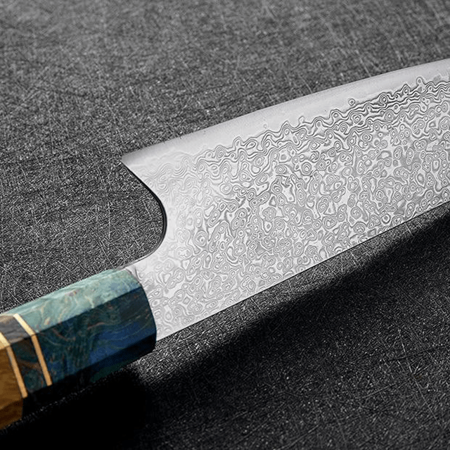 Kiritsuke (きり付け) Couteau japonais, acier Damas avec manche en ébène coloré