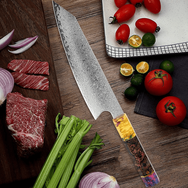 Kiritsuke (きり付け) Couteau japonais, acier Damas avec manche en ébène coloré