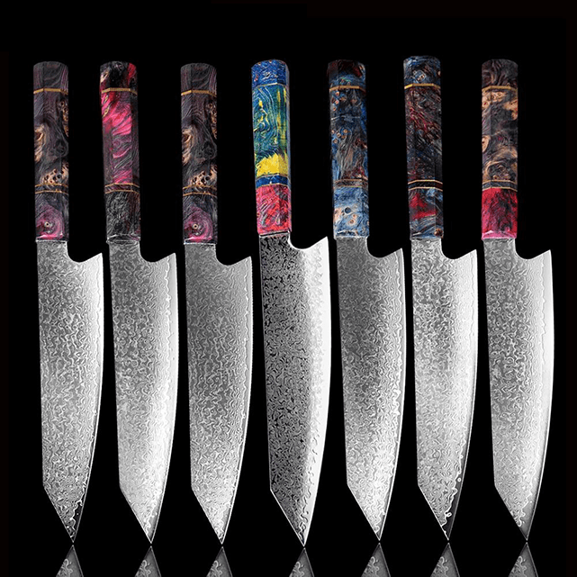 Kiritsuke (きり付け) Couteau japonais, acier Damas avec manche en ébène coloré