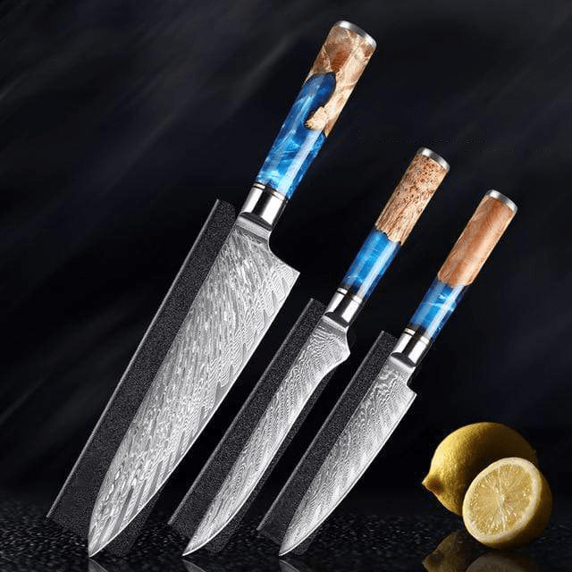 SAKUTO (作東) Ensemble de couteaux de cuisine japonais en acier damassé avec manche en résine