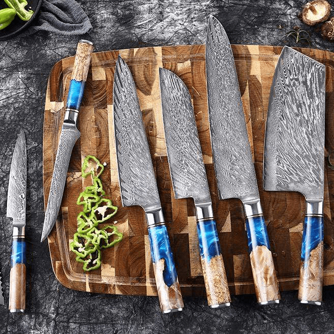 SAKUTO (作東) Ensemble de couteaux de cuisine japonais en acier damassé avec manche en résine
